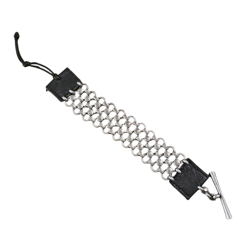 Lucky Brand Unisex Chunky Silver Mesh Link and Leather Toggle Bracelet